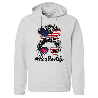 Realtor Life Real Estate 4th of July Messy Bun Flag US Performance Fleece Hoodie