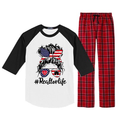 Realtor Life Real Estate 4th of July Messy Bun Flag US Raglan Sleeve Pajama Set