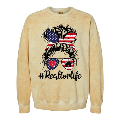 Realtor Life Real Estate 4th of July Messy Bun Flag US Colorblast Crewneck Sweatshirt