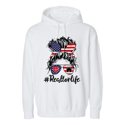 Realtor Life Real Estate 4th of July Messy Bun Flag US Garment-Dyed Fleece Hoodie