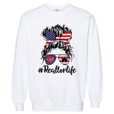 Realtor Life Real Estate 4th of July Messy Bun Flag US Garment-Dyed Sweatshirt