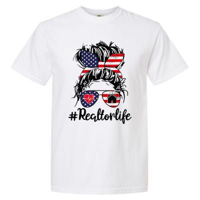 Realtor Life Real Estate 4th of July Messy Bun Flag US Garment-Dyed Heavyweight T-Shirt