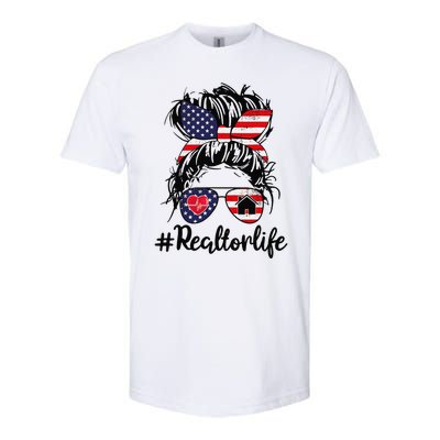 Realtor Life Real Estate 4th of July Messy Bun Flag US Softstyle CVC T-Shirt