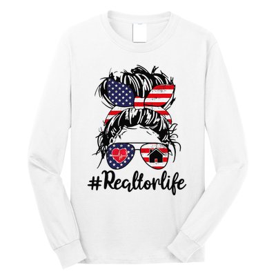 Realtor Life Real Estate 4th of July Messy Bun Flag US Long Sleeve Shirt