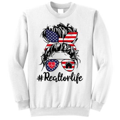 Realtor Life Real Estate 4th of July Messy Bun Flag US Sweatshirt