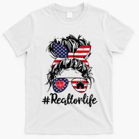 Realtor Life Real Estate 4th of July Messy Bun Flag US T-Shirt