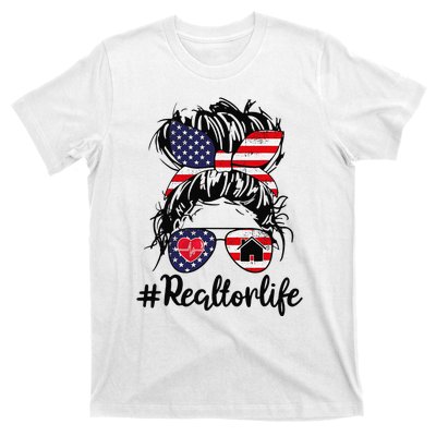 Realtor Life Real Estate 4th of July Messy Bun Flag US T-Shirt