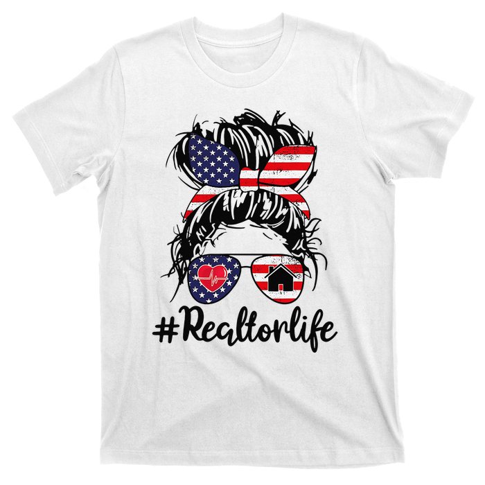 Realtor Life Real Estate 4th of July Messy Bun Flag US T-Shirt