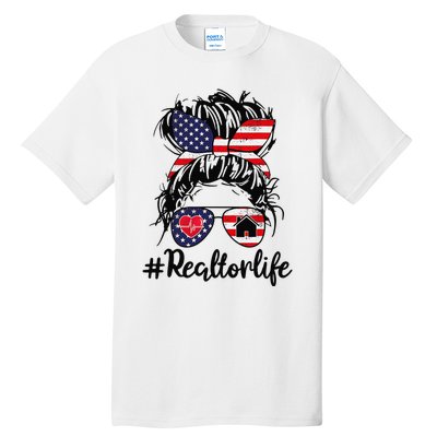 Realtor Life Real Estate 4th of July Messy Bun Flag US Tall T-Shirt