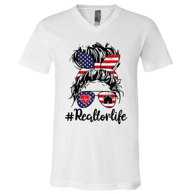 Realtor Life Real Estate 4th of July Messy Bun Flag US V-Neck T-Shirt