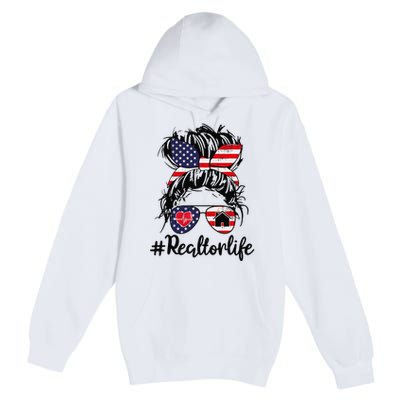 Realtor Life Real Estate 4th of July Messy Bun Flag US Premium Pullover Hoodie