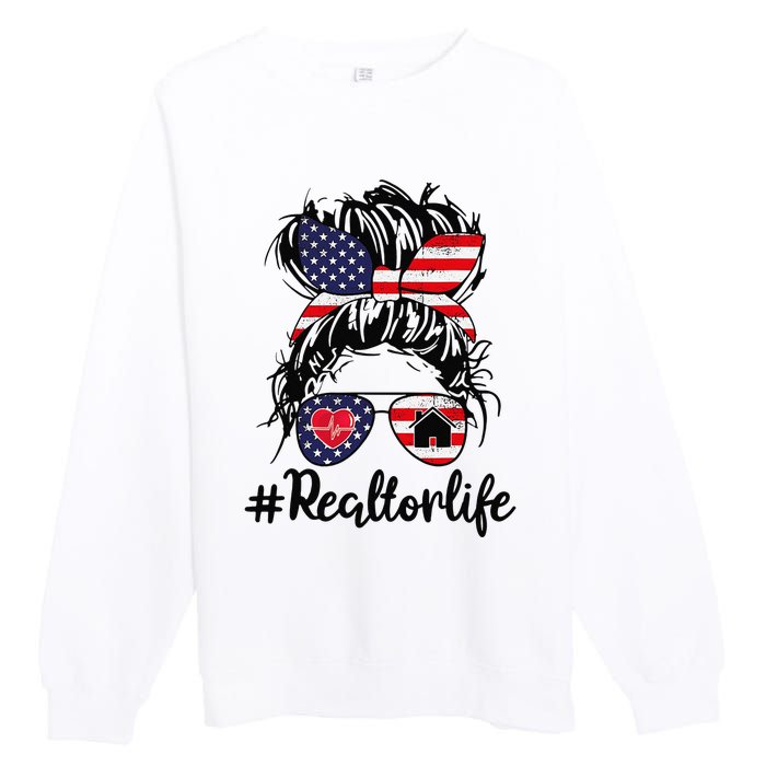 Realtor Life Real Estate 4th of July Messy Bun Flag US Premium Crewneck Sweatshirt