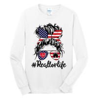 Realtor Life Real Estate 4th of July Messy Bun Flag US Tall Long Sleeve T-Shirt