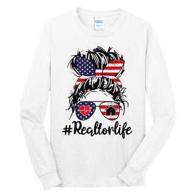 Realtor Life Real Estate 4th of July Messy Bun Flag US Tall Long Sleeve T-Shirt