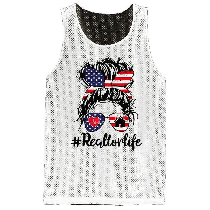 Realtor Life Real Estate 4th of July Messy Bun Flag US Mesh Reversible Basketball Jersey Tank