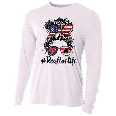 Realtor Life Real Estate 4th of July Messy Bun Flag US Cooling Performance Long Sleeve Crew