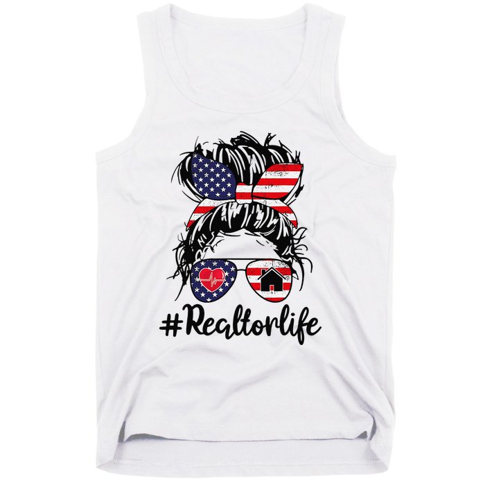 Realtor Life Real Estate 4th of July Messy Bun Flag US Tank Top