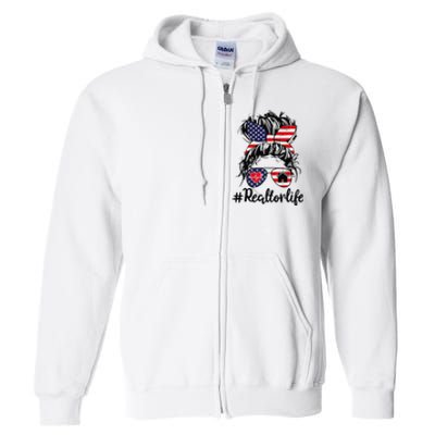 Realtor Life Real Estate 4th of July Messy Bun Flag US Full Zip Hoodie