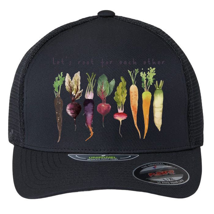 Retro Let's Root For Each Other Cute Veggie Funny Vegan Flexfit Unipanel Trucker Cap