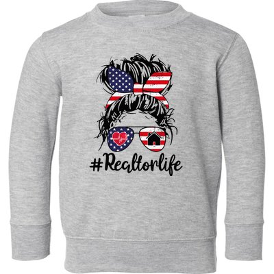 Realtor Life Real Estate Agent American USA Flag Messy Bun Toddler Sweatshirt