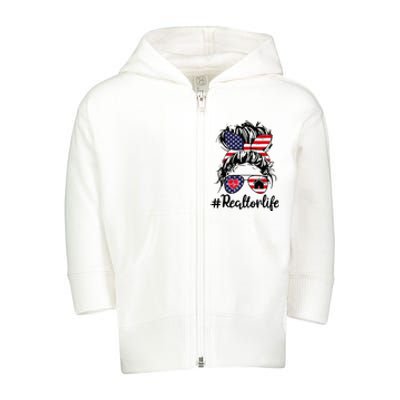 Realtor Life Real Estate Agent American USA Flag Messy Bun Toddler Zip Fleece Hoodie