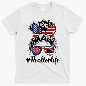 Realtor Life Real Estate Agent American USA Flag Messy Bun T-Shirt