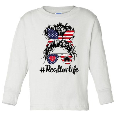 Realtor Life Real Estate Agent American USA Flag Messy Bun Toddler Long Sleeve Shirt