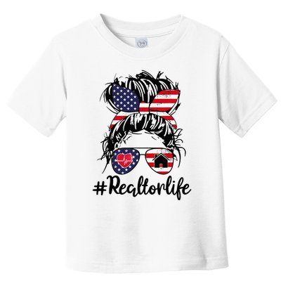 Realtor Life Real Estate Agent American USA Flag Messy Bun Toddler T-Shirt