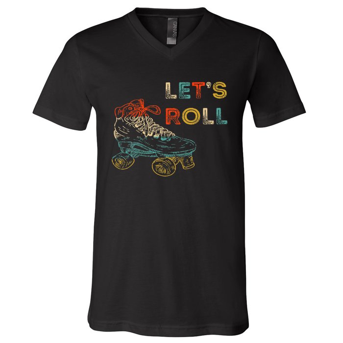 Retro LetS Roll Roller Skating Skater Skate Vintage 70s 80s V-Neck T-Shirt