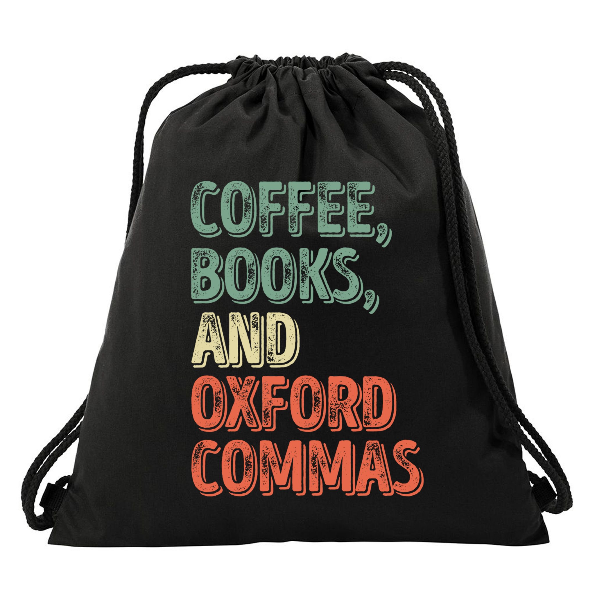 Reading Lover Reader Gift Coffee Books And Oxford Commas Cool Gift Drawstring Bag