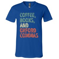 Reading Lover Reader Gift Coffee Books And Oxford Commas Cool Gift V-Neck T-Shirt