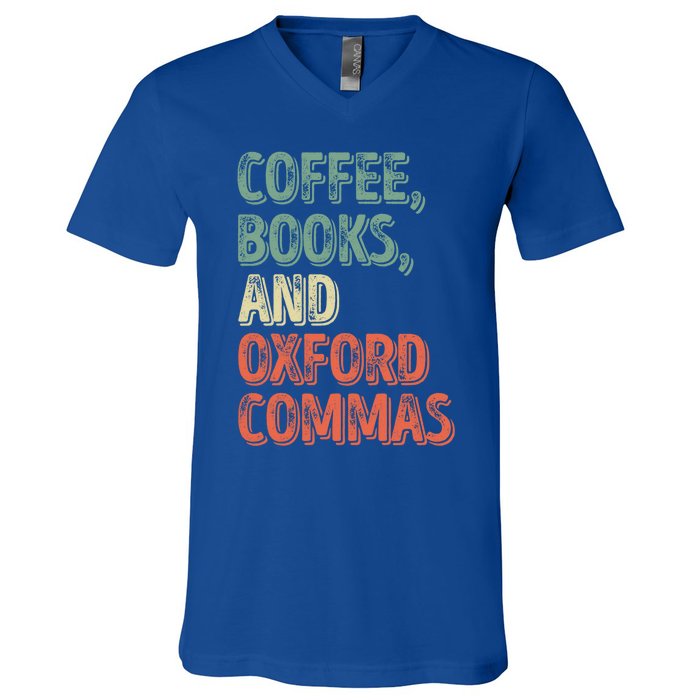 Reading Lover Reader Gift Coffee Books And Oxford Commas Cool Gift V-Neck T-Shirt