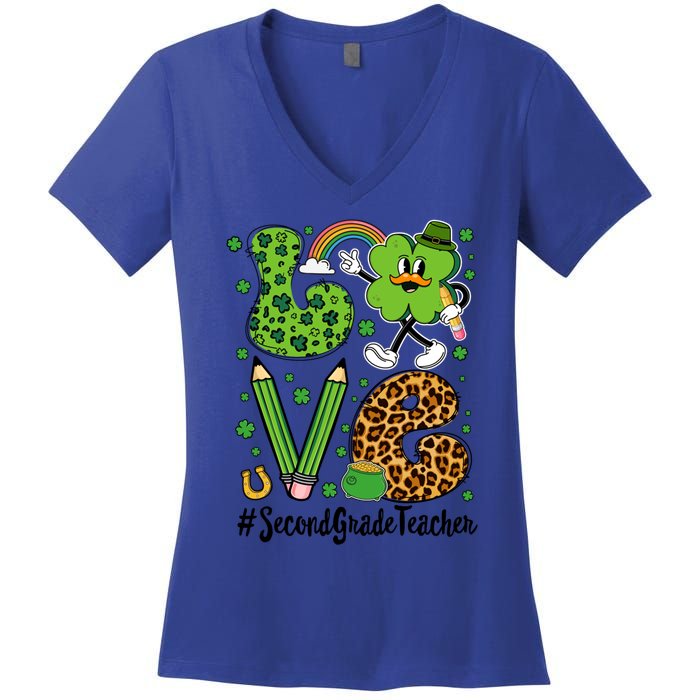 Retro Love Second Grade Teacher St Patricks Day Gift Women's V-Neck T-Shirt