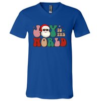 Retro Leopard Smile Santa Smile Joy To World Christmas Gift V-Neck T-Shirt