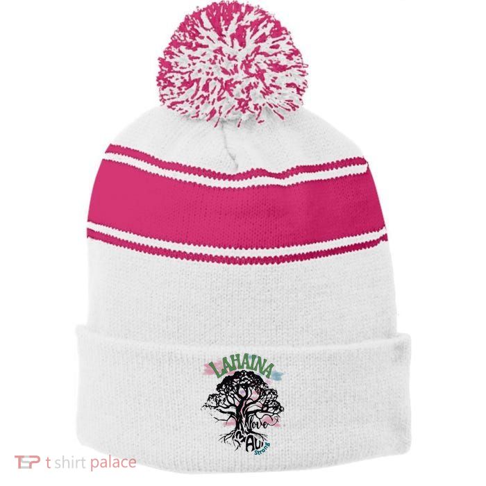 Retro Lahaina Strong Love Maui Support Hawaii Trees Stripe Pom Pom Beanie
