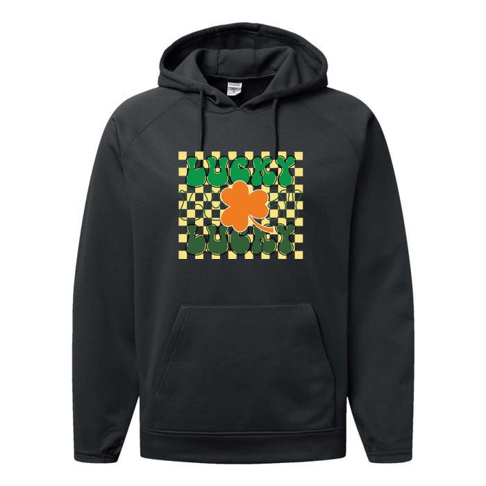 Retro Lucky Shamrock Groovy St Patricks Day Performance Fleece Hoodie