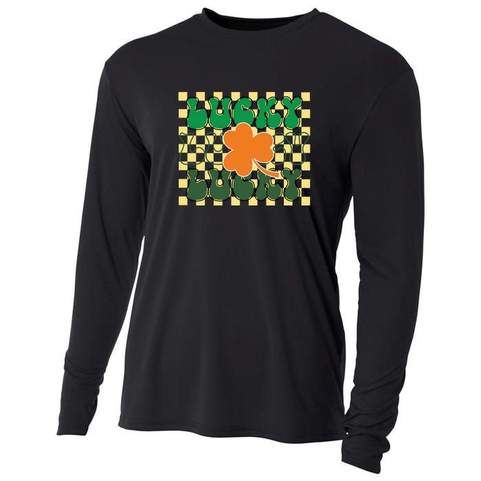 Retro Lucky Shamrock Groovy St Patricks Day Cooling Performance Long Sleeve Crew