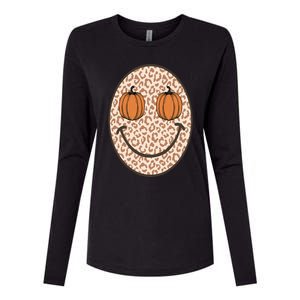 Retro Leopard Smile Face Fall Pumpkin Season Thanksgiving Womens Cotton Relaxed Long Sleeve T-Shirt