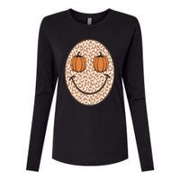 Retro Leopard Smile Face Fall Pumpkin Season Thanksgiving Womens Cotton Relaxed Long Sleeve T-Shirt