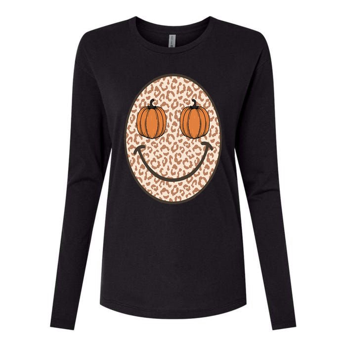 Retro Leopard Smile Face Fall Pumpkin Season Thanksgiving Womens Cotton Relaxed Long Sleeve T-Shirt