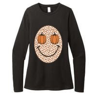 Retro Leopard Smile Face Fall Pumpkin Season Thanksgiving Womens CVC Long Sleeve Shirt