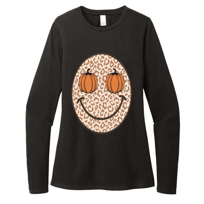 Retro Leopard Smile Face Fall Pumpkin Season Thanksgiving Womens CVC Long Sleeve Shirt