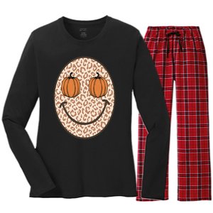 Retro Leopard Smile Face Fall Pumpkin Season Thanksgiving Women's Long Sleeve Flannel Pajama Set 