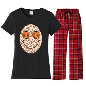 Retro Leopard Smile Face Fall Pumpkin Season Thanksgiving Women's Flannel Pajama Set