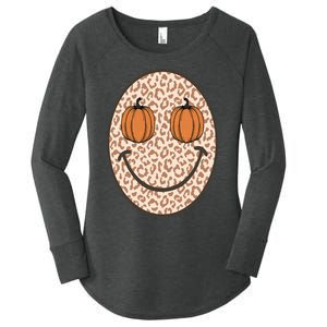 Retro Leopard Smile Face Fall Pumpkin Season Thanksgiving Women's Perfect Tri Tunic Long Sleeve Shirt