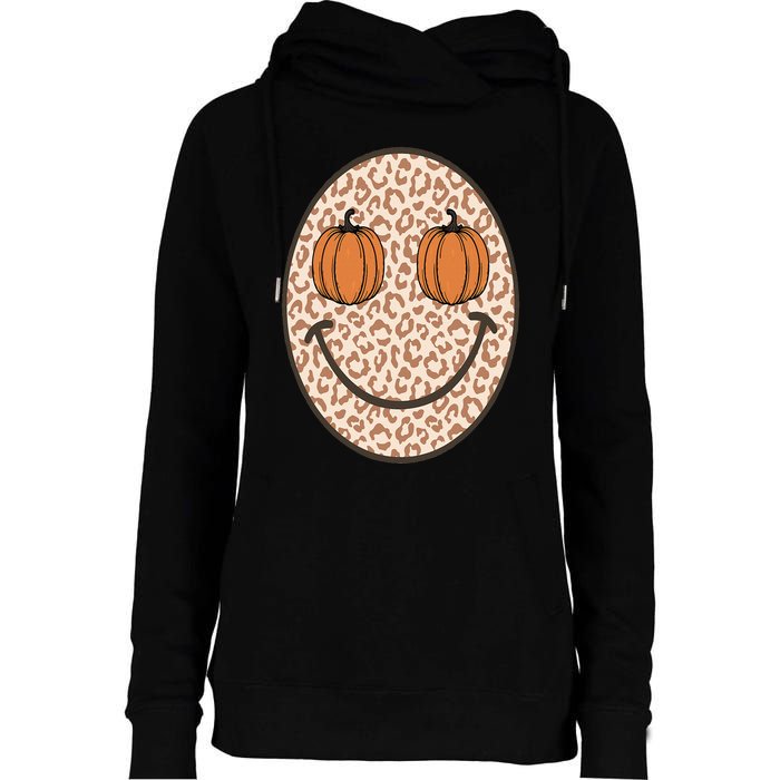 Retro Leopard Smile Face Fall Pumpkin Season Thanksgiving Womens Funnel Neck Pullover Hood