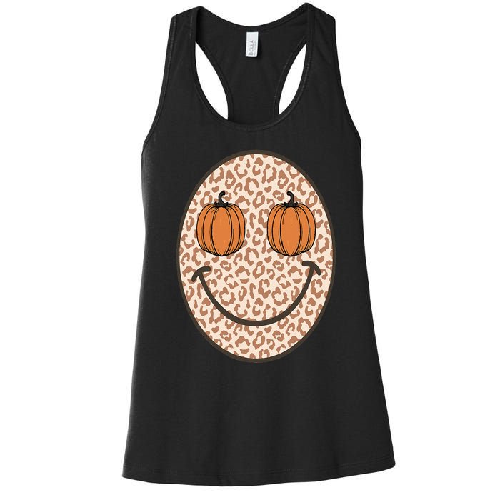 Retro Leopard Smile Face Fall Pumpkin Season Thanksgiving Women's Racerback Tank