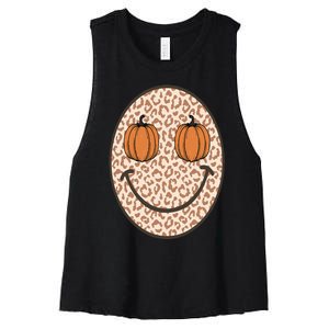 Retro Leopard Smile Face Fall Pumpkin Season Thanksgiving Women's Racerback Cropped Tank