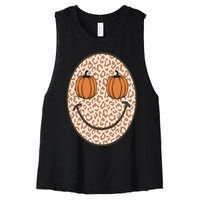 Retro Leopard Smile Face Fall Pumpkin Season Thanksgiving Women's Racerback Cropped Tank