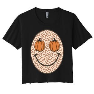 Retro Leopard Smile Face Fall Pumpkin Season Thanksgiving Women's Crop Top Tee